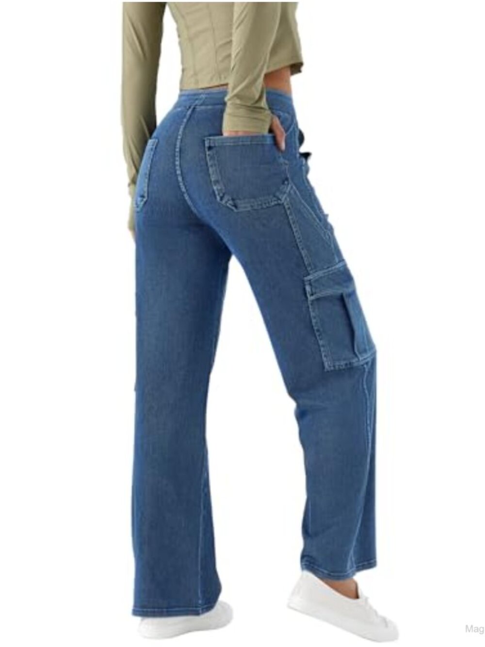 Women's High Waist Wide Leg Cargo Jeans Pull On Stretch Denim